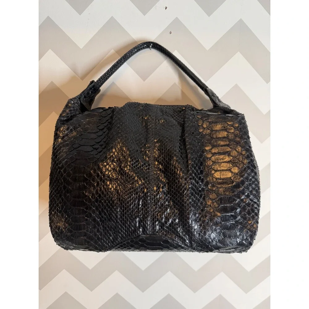 Carlos Falchi Black Python Leather Hobo Bag Teal Suede Lining Exotic Snakeskin